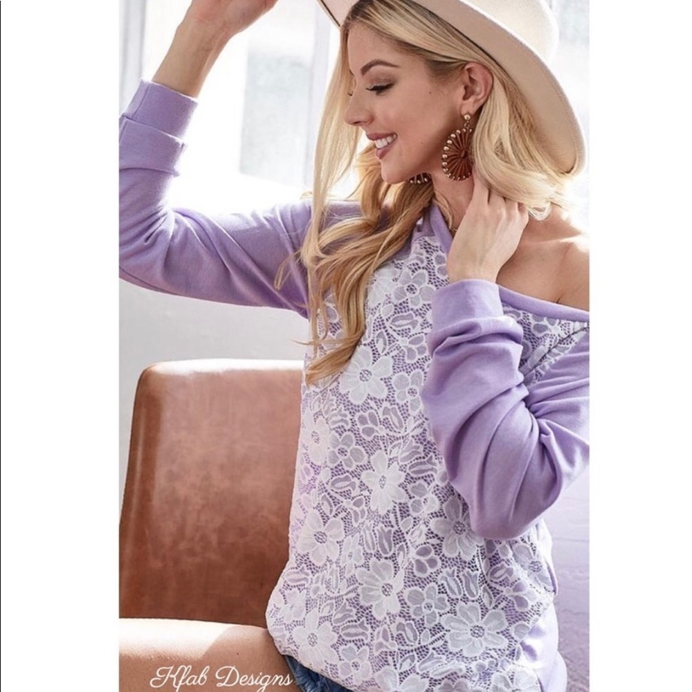 New! Sale 🔥 Feminine Soft Lavender French Terry Lace Front Top - Picture 8 of 8